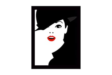 Inramad Canvastavla i trä - 41x56 cm - Stiliserat porträtt av en kvinna med hatt och röd läppstift - Svart / Vitt / Röd - Inredning - Tavlor & posters - Canvastavla