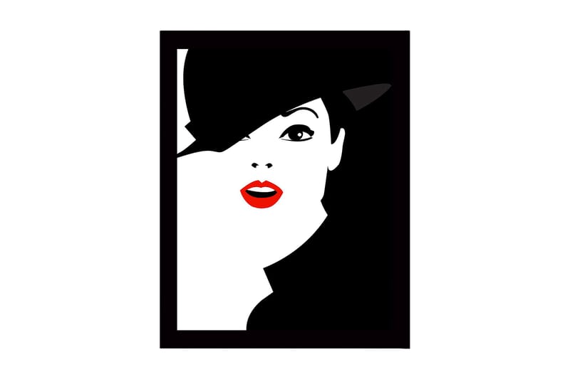 Inramad Canvastavla i trä - 41x56 cm - Stiliserat porträtt av en kvinna med hatt och röd läppstift, Svart / Vitt / Röd
