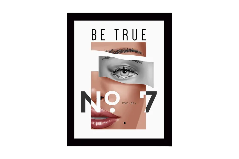 Inramad Canvastavla i trä - 41x56 cm - Stiliserat porträtt med fokus på ögon och läppar, Hudton / Grå / Svart