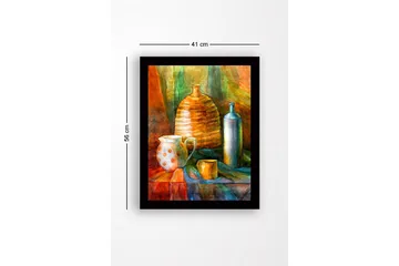 Inramad Canvastavla i trä - 41x56 cm - Stilleben med keramik och glasflaskor - Orange / Grön / Blå - Inredning - Tavlor & posters - Canvastavla