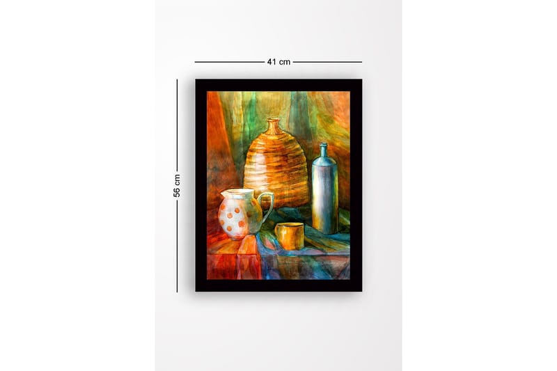 Inramad Canvastavla i trä - 41x56 cm - Stilleben med keramik och glasflaskor - Orange / Grön / Blå - Inredning - Tavlor & posters - Canvastavla