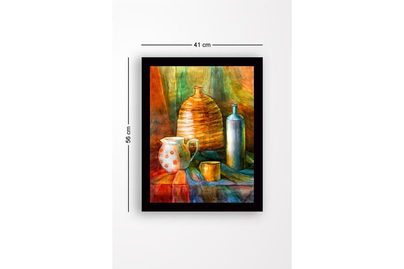 Inramad Canvastavla i trä - 41x56 cm - Stilleben med keramik och glasflaskor - Orange / Grön / Blå - Inredning - Tavlor & posters - Canvastavla