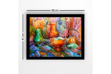 Inramad Canvastavla i trä - 41x56 cm - Stillhet med färgglada kärl och blommor - Grön / Orange / Blå - Inredning - Tavlor & posters - Canvastavla