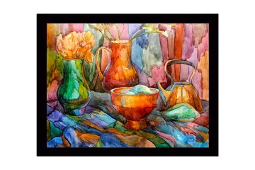 Inramad Canvastavla i trä - 41x56 cm - Stillhet med färgglada kärl och blommor - Grön / Orange / Blå - Inredning - Tavlor & posters - Canvastavla