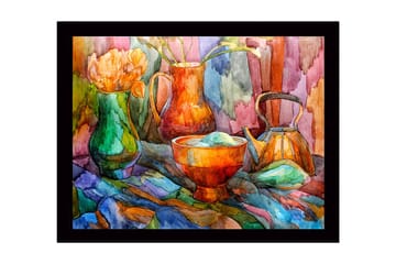 Inramad Canvastavla i trä - 41x56 cm - Stillhet med färgglada kärl och blommor - Grön / Orange / Blå - Inredning - Tavlor & posters - Canvastavla