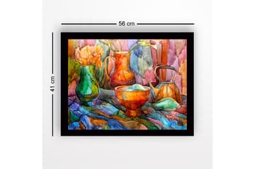 Inramad Canvastavla i trä - 41x56 cm - Stillhet med färgglada kärl och blommor - Grön / Orange / Blå - Inredning - Tavlor & posters - Canvastavla