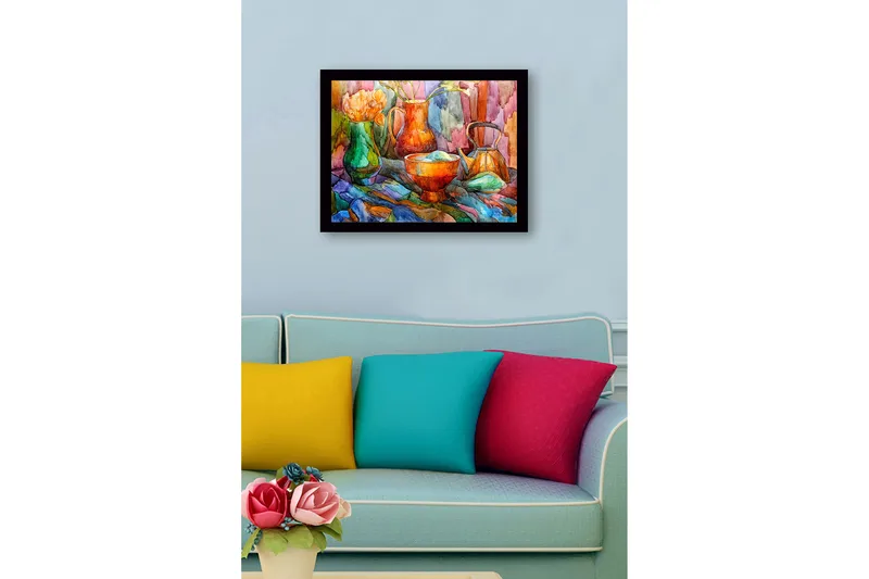Inramad Canvastavla i trä - 41x56 cm - Stillhet med färgglada kärl och blommor - Grön / Orange / Blå - Inredning - Tavlor & posters - Canvastavla