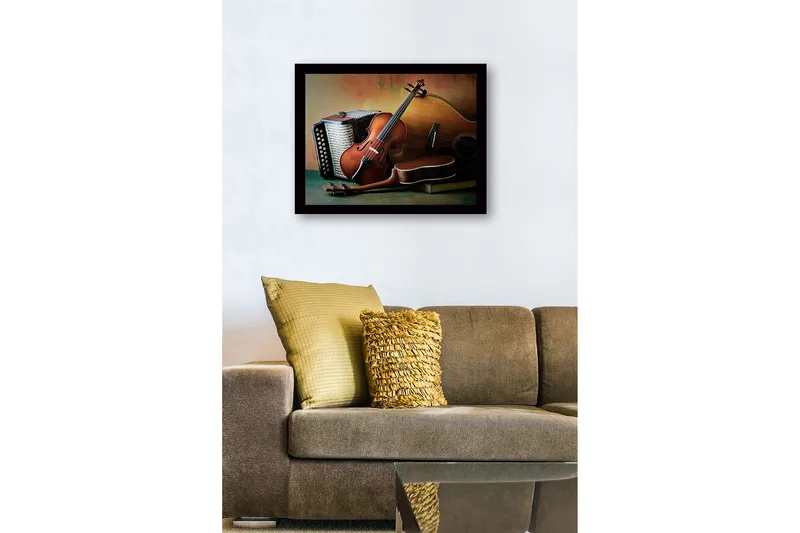 Inramad Canvastavla i trä - 41x56 cm - Stillhet med musikinstrument i fokus - Brun / Beige / Grön - Inredning - Tavlor & posters - Canvastavla