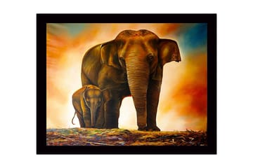 Inramad Canvastavla i trä - 41x56 cm - Storslagen elefant med ett kalv som står nära sin mor - Brun / Orange / Beige - Inredning - Tavlor & posters - Canvastavla