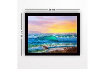 Inramad Canvastavla i trä - 41x56 cm - Storslagen havsutsikt med vågor som bryter mot stranden - Turkos / Blå / Orange - Inredning - Tavlor & posters - Canvastavla