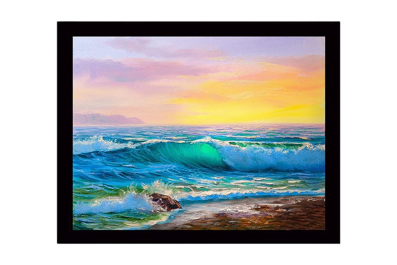 Inramad Canvastavla i trä - 41x56 cm - Storslagen havsutsikt med vågor som bryter mot stranden, Turkos / Blå / Orange