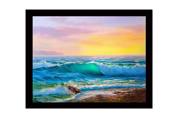 Inramad Canvastavla i trä - 41x56 cm - Storslagen havsutsikt med vågor som bryter mot stranden - Turkos / Blå / Orange - Inredning - Tavlor & posters - Canvastavla