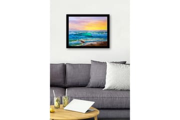 Inramad Canvastavla i trä - 41x56 cm - Storslagen havsutsikt med vågor som bryter mot stranden - Turkos / Blå / Orange - Inredning - Tavlor & posters - Canvastavla