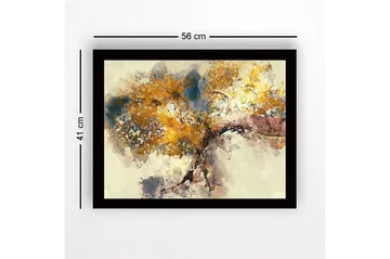 Inramad Canvastavla i trä - 41x56 cm - Stort träd med gyllene lövverk - Guld / Blå / Brun - Inredning - Tavlor & posters - Canvastavla