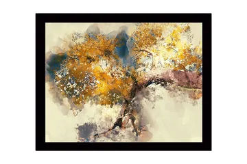 Inramad Canvastavla i trä - 41x56 cm - Stort träd med gyllene lövverk - Guld / Blå / Brun - Inredning - Tavlor & posters - Canvastavla