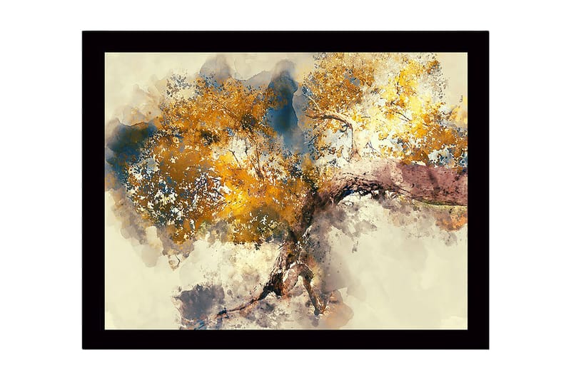 Inramad Canvastavla i trä - 41x56 cm - Stort träd med gyllene lövverk, Guld / Blå / Brun