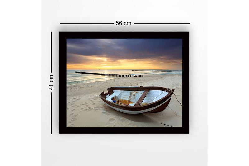 Inramad Canvastavla i trä - 41x56 cm - Strand med en gammal båt i solnedgångens ljus - Blå / Orange / Vit - Inredning - Tavlor & posters - Canvastavla
