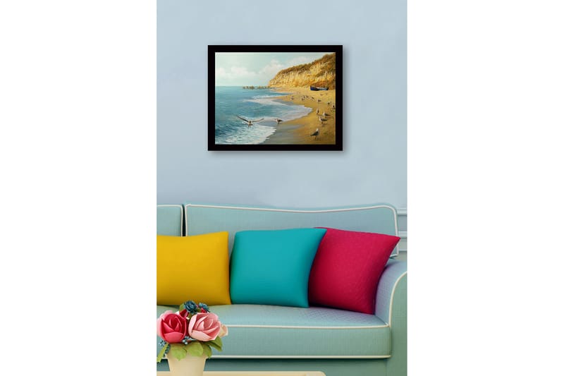 Inramad Canvastavla i trä - 41x56 cm - Strandlandskap med måsar och en båt vid kusten - Blå / Beige / Grön - Inredning - Tavlor & posters - Canvastavla