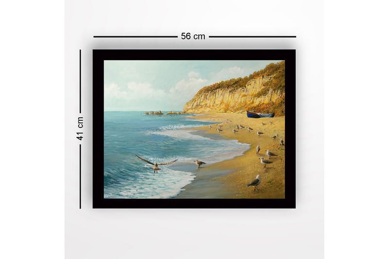 Inramad Canvastavla i trä - 41x56 cm - Strandlandskap med måsar och en båt vid kusten - Blå / Beige / Grön - Inredning - Tavlor & posters - Canvastavla