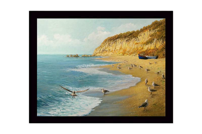 Inramad Canvastavla i trä - 41x56 cm - Strandlandskap med måsar och en båt vid kusten, Blå / Beige / Grön