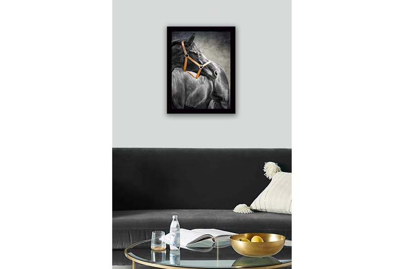 Inramad Canvastavla i trä - 41x56 cm - Svart häst med en orange grimma i profil - Svart / Orange / Grå - Inredning - Tavlor & posters - Canvastavla