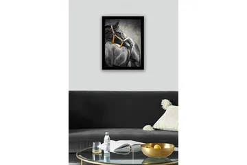 Inramad Canvastavla i trä - 41x56 cm - Svart häst med en orange grimma i profil - Svart / Orange / Grå - Inredning - Tavlor & posters - Canvastavla