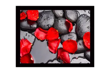 Inramad Canvastavla i trä - 41x56 cm - Svart stenar med röda rosenblad och vattendroppar - Röd / Svart - Inredning - Tavlor & posters - Canvastavla