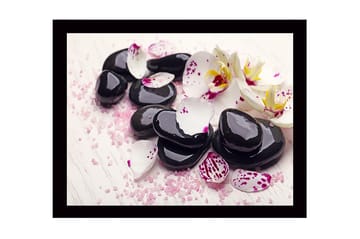 Inramad Canvastavla i trä - 41x56 cm - Svart stenar omgivna av vita och lila orkidéblad - Svart / Vit / Lila - Inredning - Tavlor & posters - Canvastavla