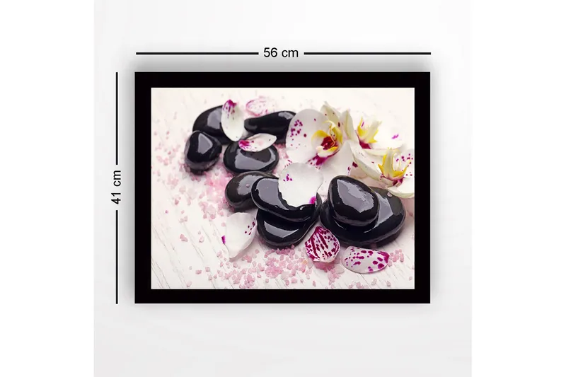 Inramad Canvastavla i trä - 41x56 cm - Svart stenar omgivna av vita och lila orkidéblad - Svart / Vit / Lila - Inredning - Tavlor & posters - Canvastavla