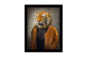 Inramad Canvastavla i trä - 41x56 cm - Tigerhuvud på en mänsklig kropp klädd i en brun jacka - Orange / Brun / Svart - Inredning - Tavlor & posters - Canvastavla