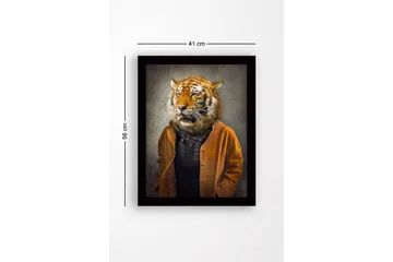 Inramad Canvastavla i trä - 41x56 cm - Tigerhuvud på en mänsklig kropp klädd i en brun jacka - Orange / Brun / Svart - Inredning - Tavlor & posters - Canvastavla