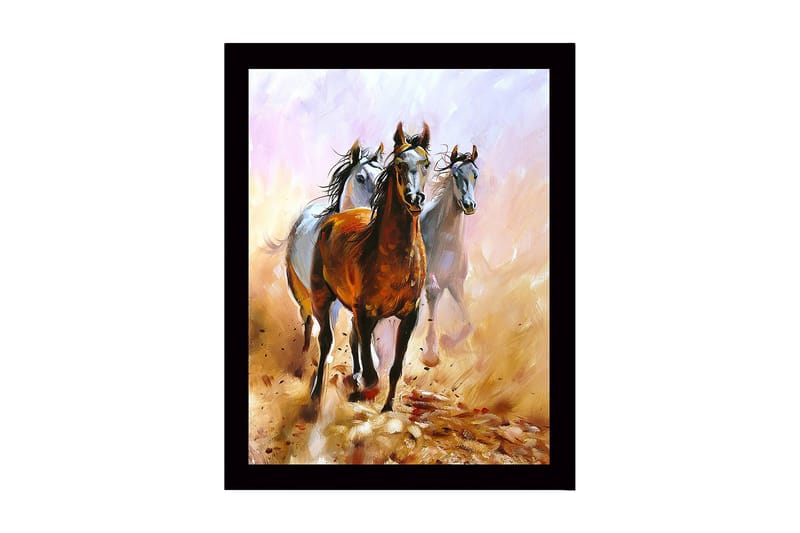 Inramad Canvastavla i trä - 41x56 cm - Tre hästar i rörelse genom en dammig landskap, Brun / Vit / Beige