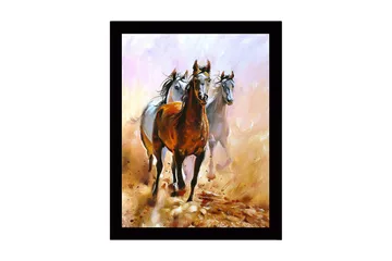 Inramad Canvastavla i trä - 41x56 cm - Tre hästar i rörelse genom en dammig landskap - Brun / Vit / Beige - Inredning - Tavlor & posters - Canvastavla