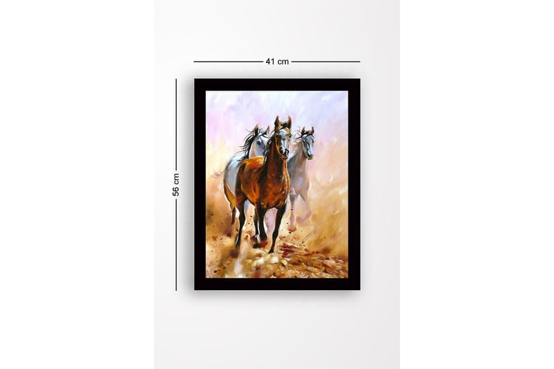 Inramad Canvastavla i trä - 41x56 cm - Tre hästar i rörelse genom en dammig landskap - Brun / Vit / Beige - Inredning - Tavlor & posters - Canvastavla