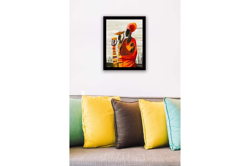 Inramad Canvastavla i trä - 41x56 cm - Tre kvinnor bärande på skålar och barn i en färgglad och uttrycksfull komposition - Röd / Orange / Gul - Inredning - Tavlor & posters - Canvastavla