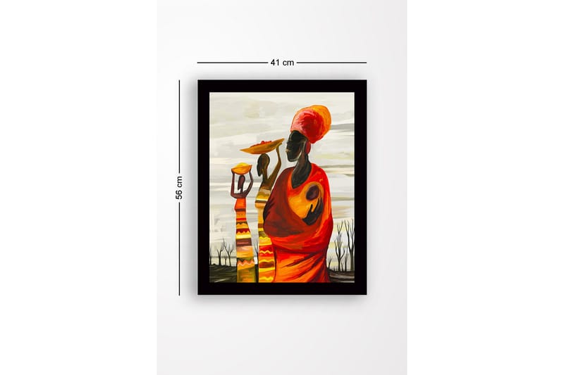 Inramad Canvastavla i trä - 41x56 cm - Tre kvinnor bärande på skålar och barn i en färgglad och uttrycksfull komposition - Röd / Orange / Gul - Inredning - Tavlor & posters - Canvastavla