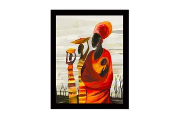 Inramad Canvastavla i trä - 41x56 cm - Tre kvinnor bärande på skålar och barn i en färgglad och uttrycksfull komposition - Röd / Orange / Gul - Inredning - Tavlor & posters - Canvastavla
