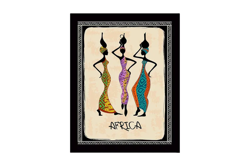 Inramad Canvastavla i trä - 41x56 cm - Tre stiliserade kvinnor i färgglada klänningar med traditionella mönster, Svart / Orange / Grön