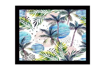 Inramad Canvastavla i trä - 41x56 cm - Tropisk landskap med palmer och färgglada cirklar - Grön / Blå / Rosa - Inredning - Tavlor & posters - Canvastavla