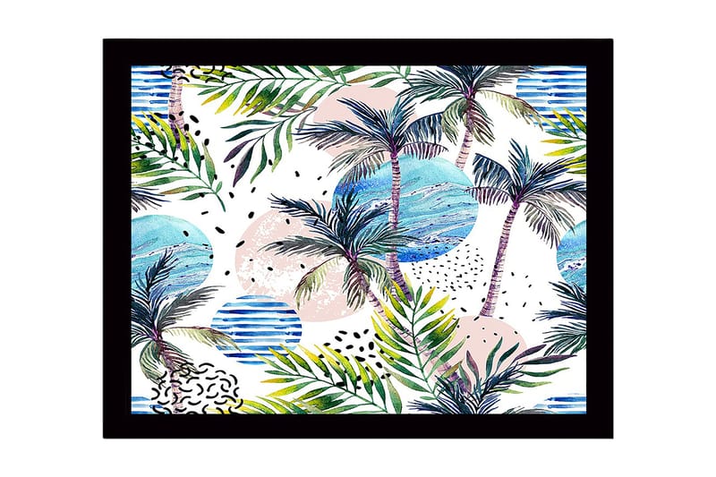 Inramad Canvastavla i trä - 41x56 cm - Tropisk landskap med palmer och färgglada cirklar, Grön / Blå / Rosa