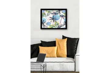 Inramad Canvastavla i trä - 41x56 cm - Tropisk landskap med palmer och färgglada cirklar - Grön / Blå / Rosa - Inredning - Tavlor & posters - Canvastavla