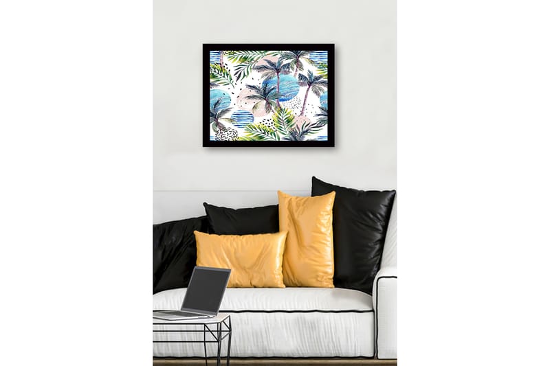 Inramad Canvastavla i trä - 41x56 cm - Tropisk landskap med palmer och färgglada cirklar - Grön / Blå / Rosa - Inredning - Tavlor & posters - Canvastavla