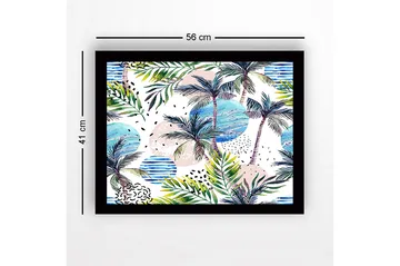 Inramad Canvastavla i trä - 41x56 cm - Tropisk landskap med palmer och färgglada cirklar - Grön / Blå / Rosa - Inredning - Tavlor & posters - Canvastavla