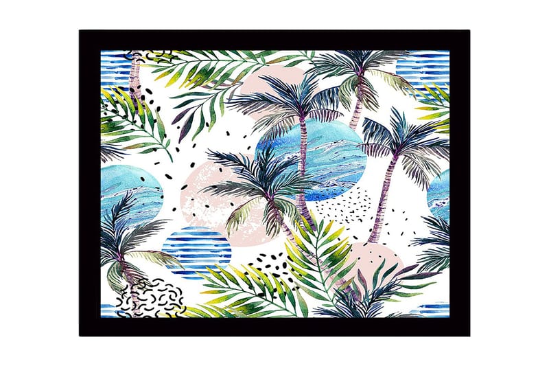 Inramad Canvastavla i trä - 41x56 cm - Tropisk landskap med palmer och färgglada cirklar, Grön / Blå / Rosa