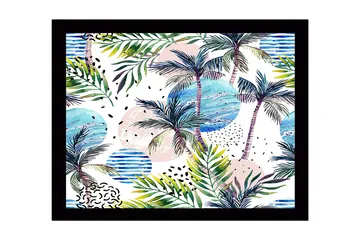 Inramad Canvastavla i trä - 41x56 cm - Tropisk landskap med palmer och färgglada cirklar - Grön / Blå / Rosa - Inredning - Tavlor & posters - Canvastavla