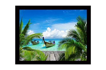 Inramad Canvastavla i trä - 41x56 cm - Tropisk strand med båtar och palmer - Turkos / Grön / Blå - Inredning - Tavlor & posters - Canvastavla