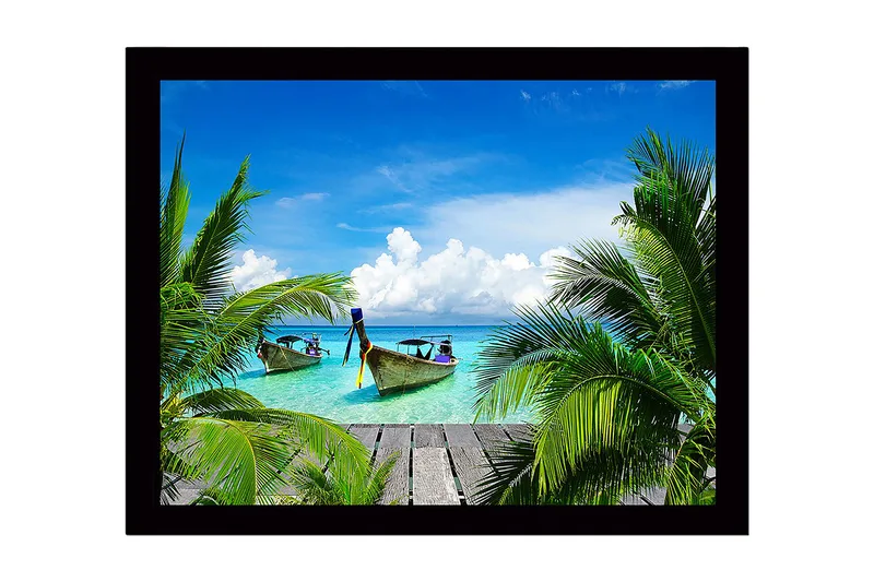 Inramad Canvastavla i trä - 41x56 cm - Tropisk strand med båtar och palmer - Turkos / Grön / Blå - Inredning - Tavlor & posters - Canvastavla