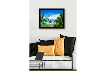 Inramad Canvastavla i trä - 41x56 cm - Tropisk strand med båtar och palmer - Turkos / Grön / Blå - Inredning - Tavlor & posters - Canvastavla