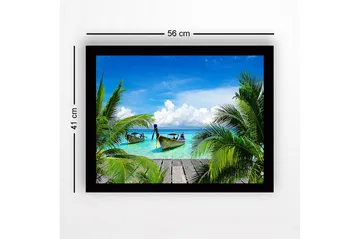 Inramad Canvastavla i trä - 41x56 cm - Tropisk strand med båtar och palmer - Turkos / Grön / Blå - Inredning - Tavlor & posters - Canvastavla