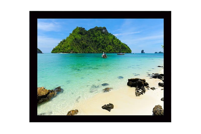 Inramad Canvastavla i trä - 41x56 cm - Tropisk strand med klarblått vatten och grönskande öar, Turkos / Grön / Beige